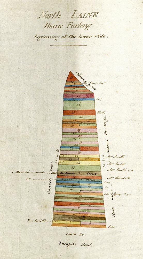 Map of North Laine Home Furlong with ownership of the strips of land denoted by colours and numbers