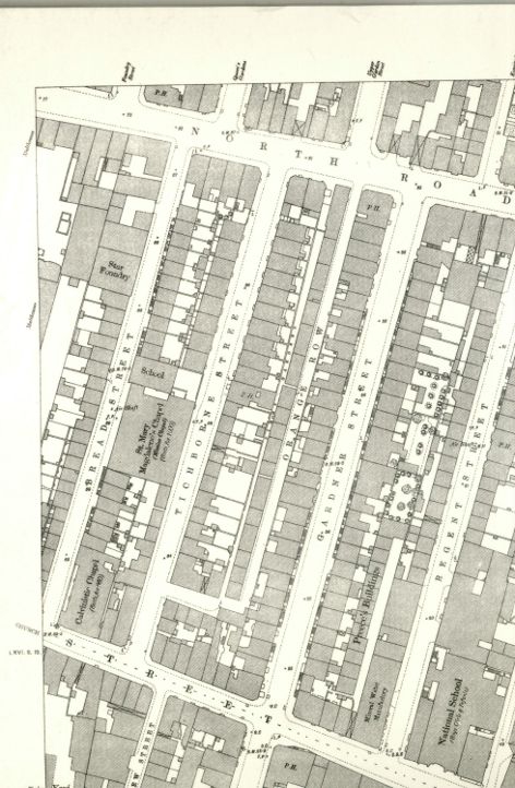Map of the “new” Orange Row”  (Ordinance Survey 1876) NB Slums of Pimlico have been replaced by respectable Tichborne St.