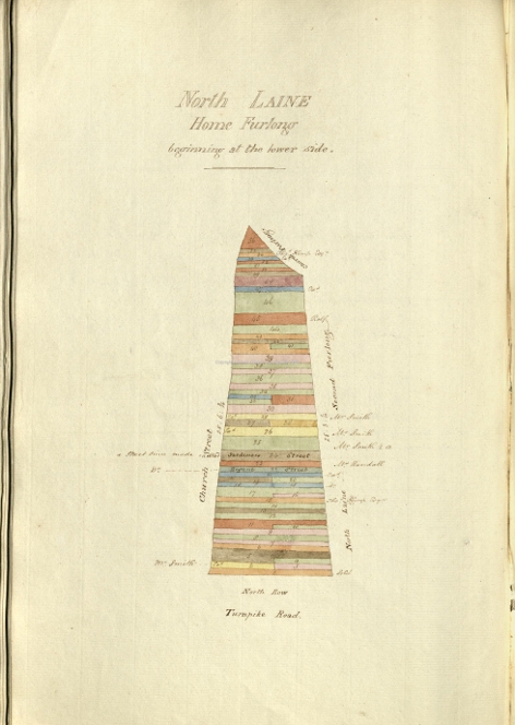 Home Furlong – late 18th Century Land Ownership Map,  Strips 25 & 26 – owned by “Mr Smith”- were to become Orange Row. NB The pointed top of this drawing should face West!.