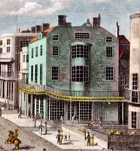 Detail of print showing a four-storey Regency building with balcony,  displaying sign for marine library, bookseller and stationer.